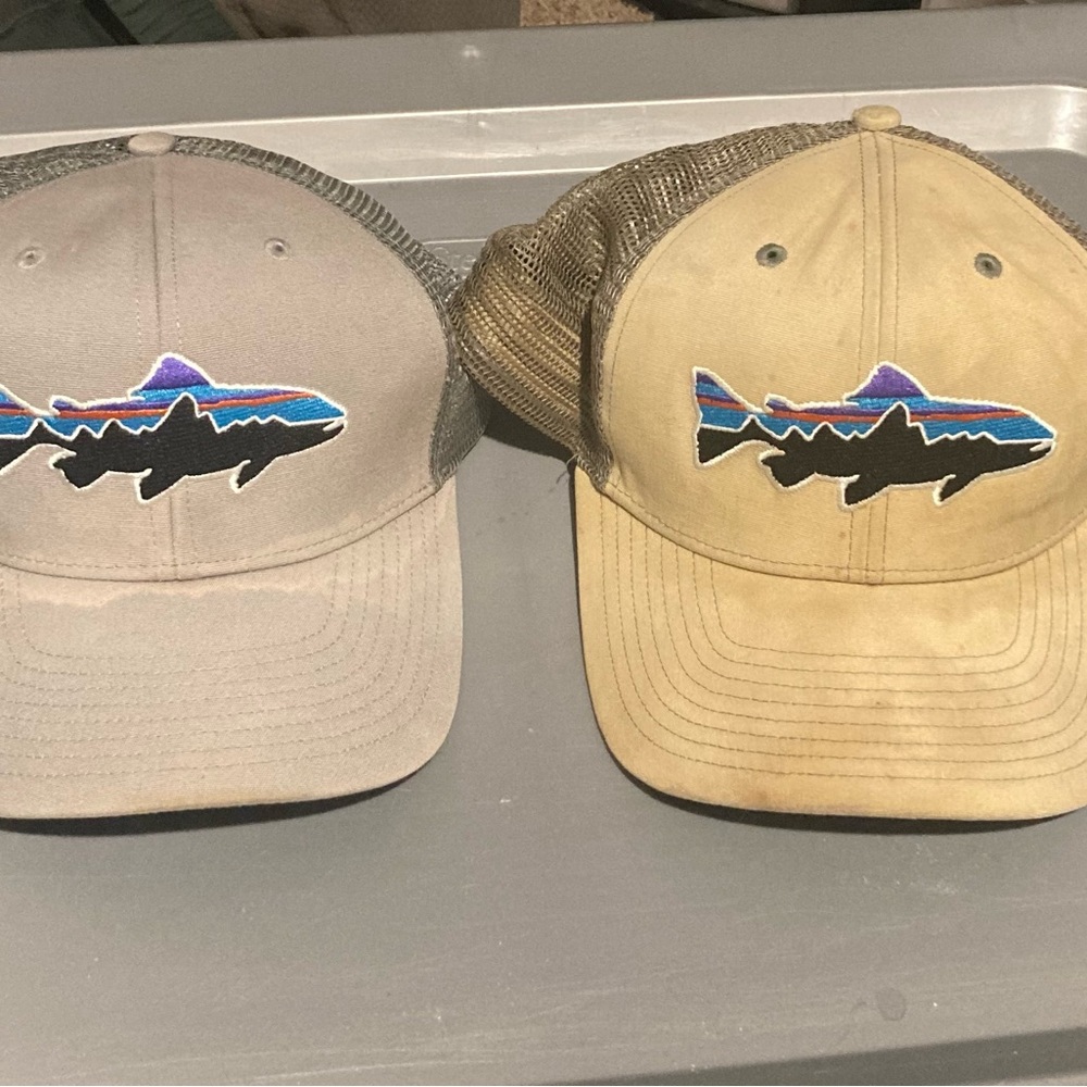 Patagonia Gray and Tan Trucker Hats with Fish Logo